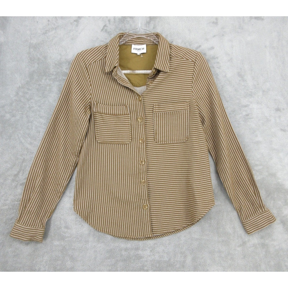 FRNCH Shirt Women Size XS Brown Striped Button Front Pockets Office Career Brown